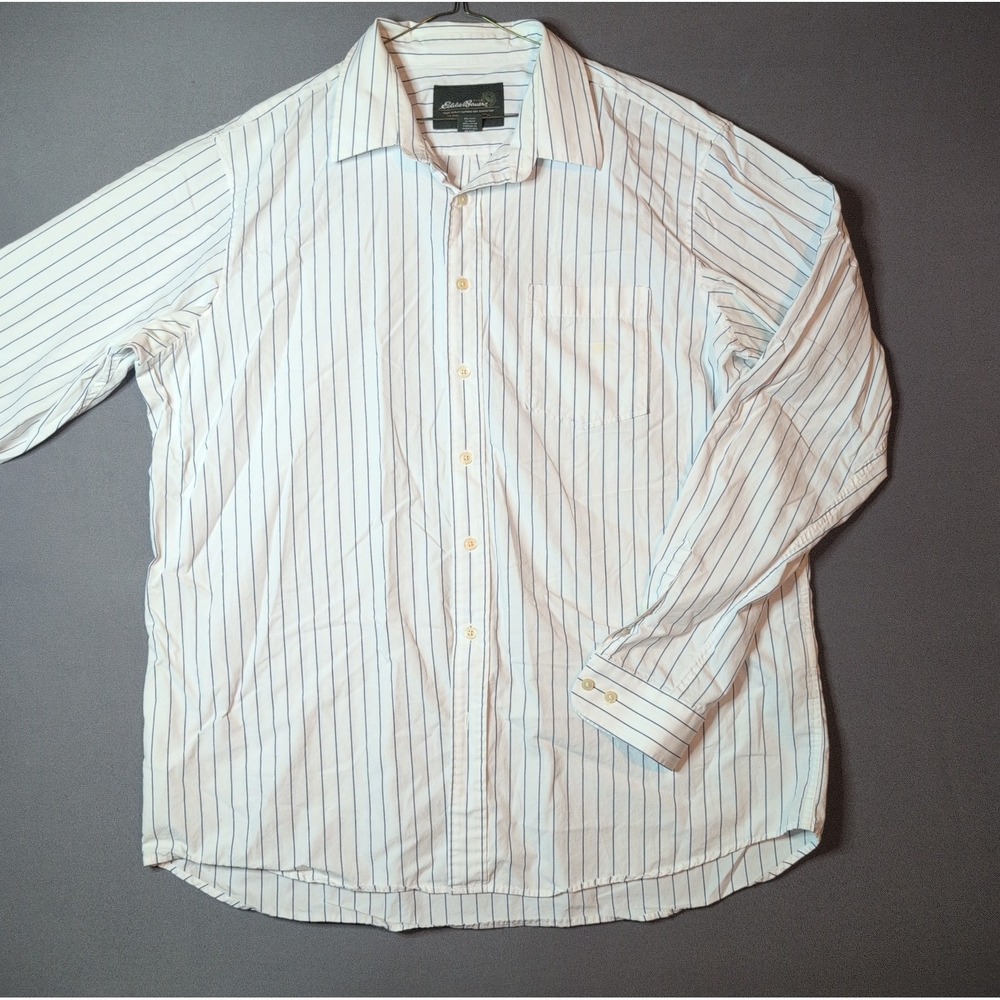 Eddie Bauer Men XL Tall White Blue Striped Long Sleeve Pocket Button Up Shirt